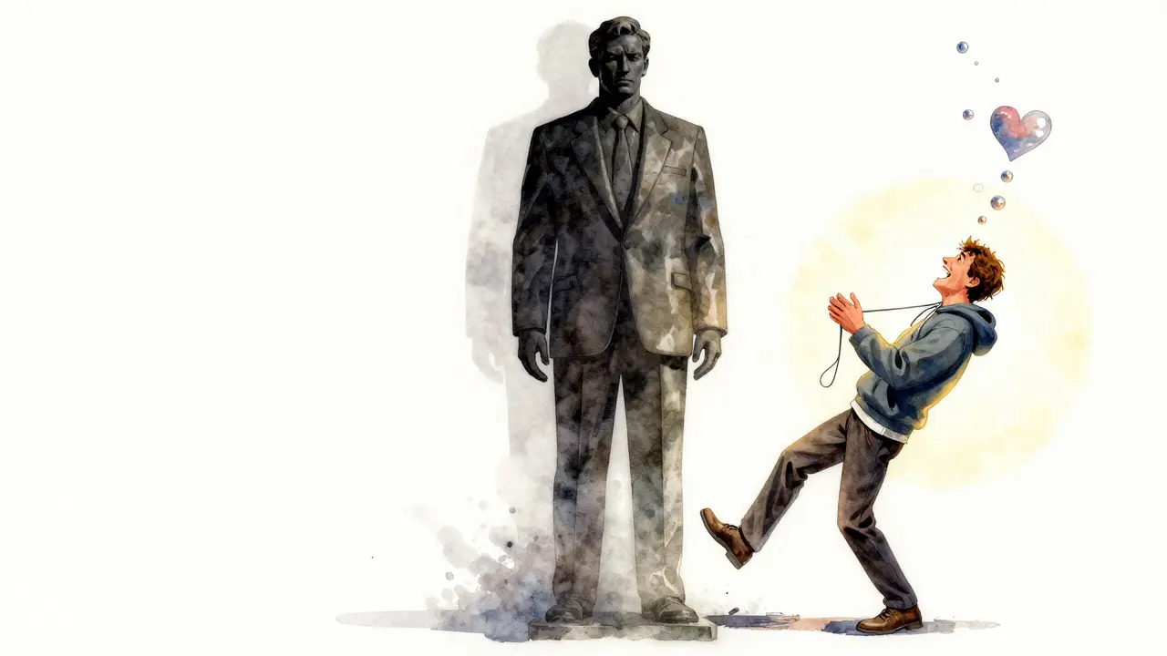 A real man laughing while tripping over his shoelaces, beside a fading statue of a perfect-looking man.