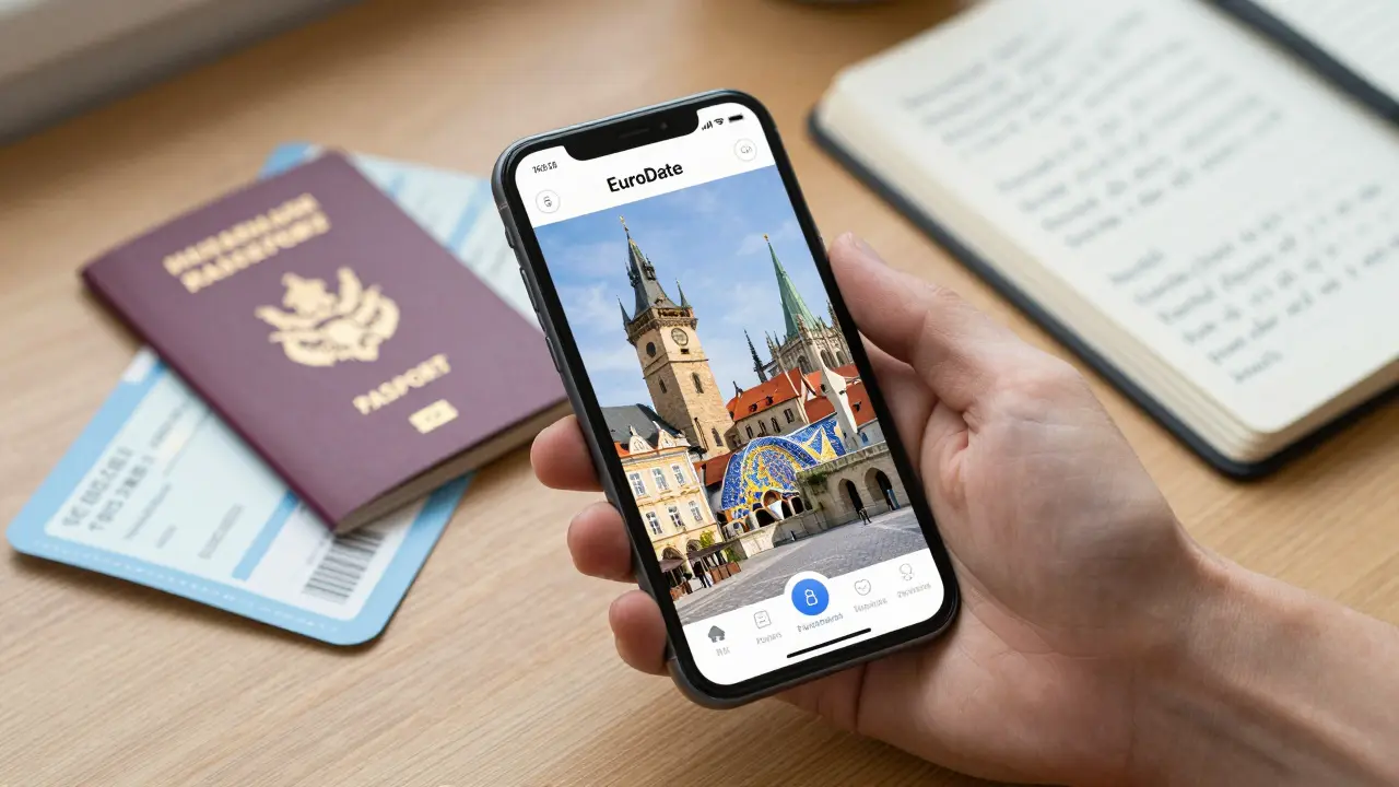A smartphone showing the EuroDate app with European landmarks overlaid, resting beside a passport and travel notebook.