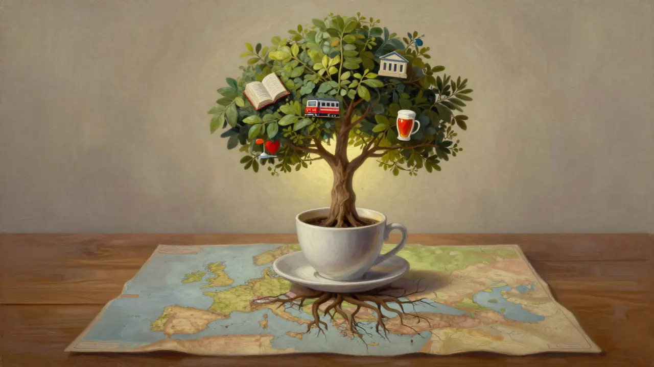 A tree growing from a coffee cup, roots spreading across a map of Europe, symbolizing slow-burning connection.