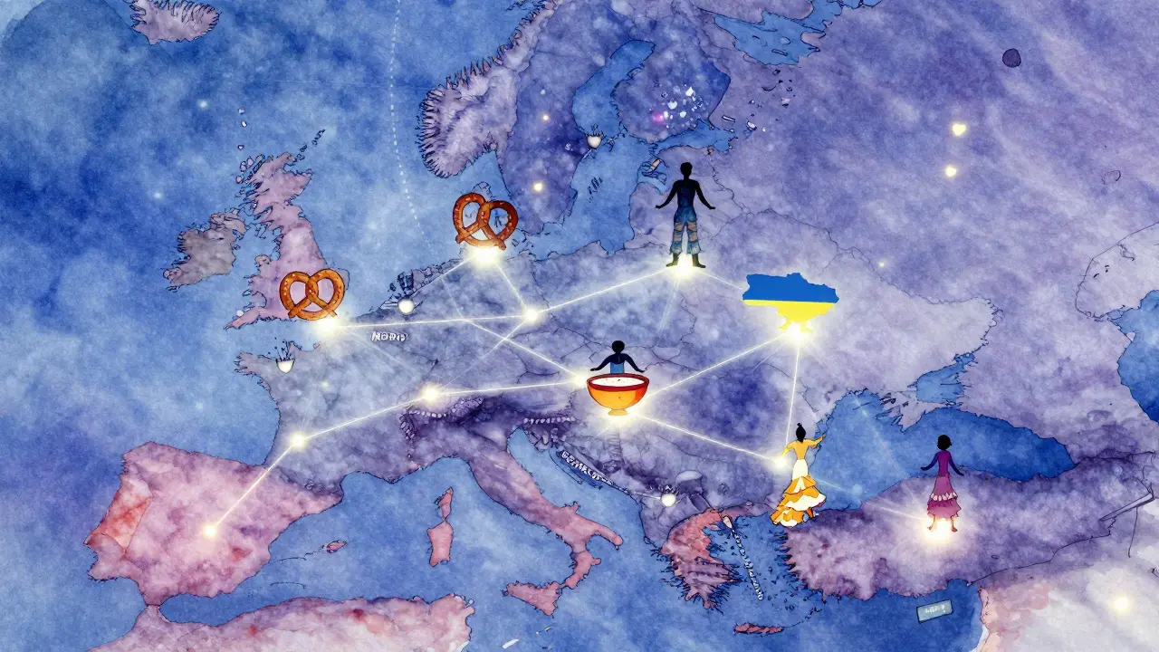 A watercolor map of Europe with glowing connections between cities, symbolizing international relationships and cultural bonds.