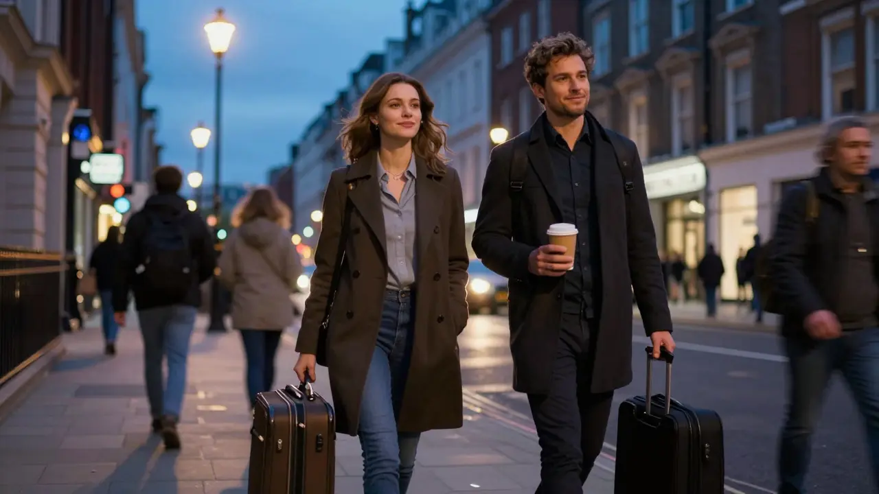 A woman and man walking together in a London street at dusk, carrying a suitcase, symbolizing a travel companion escort.