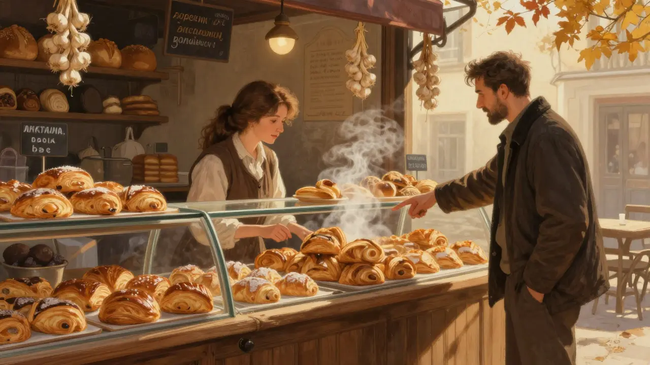 A woman examines pastries in a European bakery as a local man points gently.