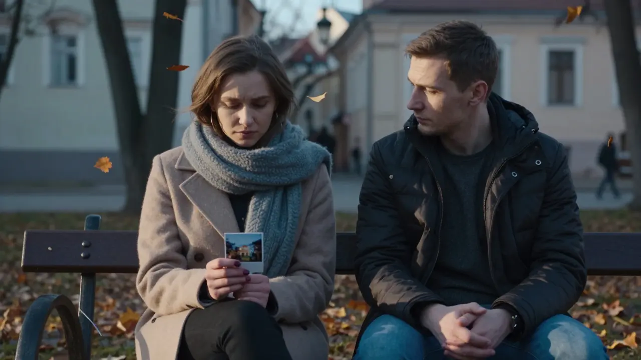 A woman from Ukraine looks at a childhood photo on a park bench as a man listens respectfully nearby.