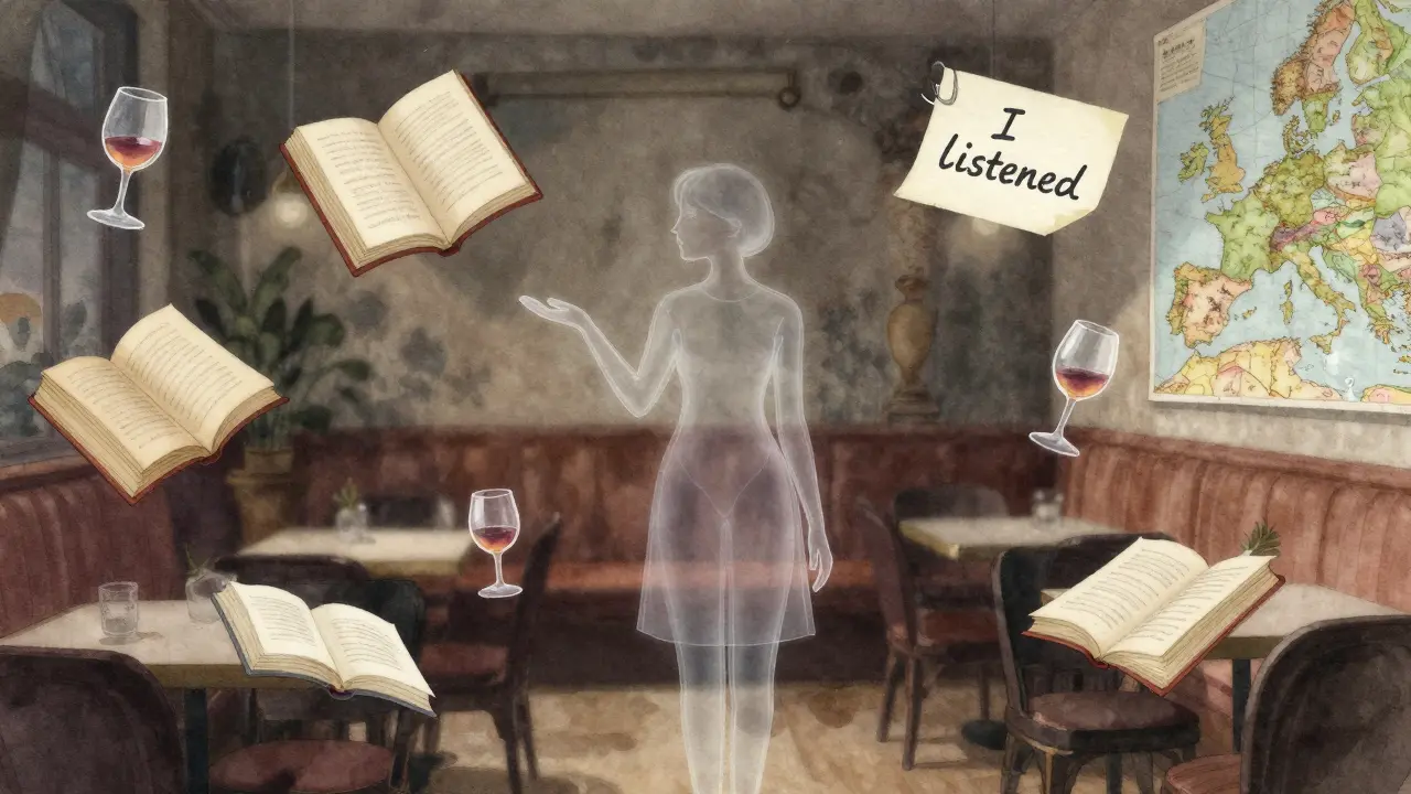 A woman in a lounge surrounded by symbolic fragments of conversation and culture.