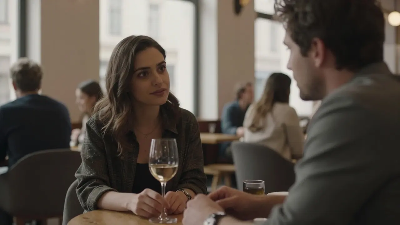 A woman listening intently in a Berlin café, making calm eye contact, no overexpression.