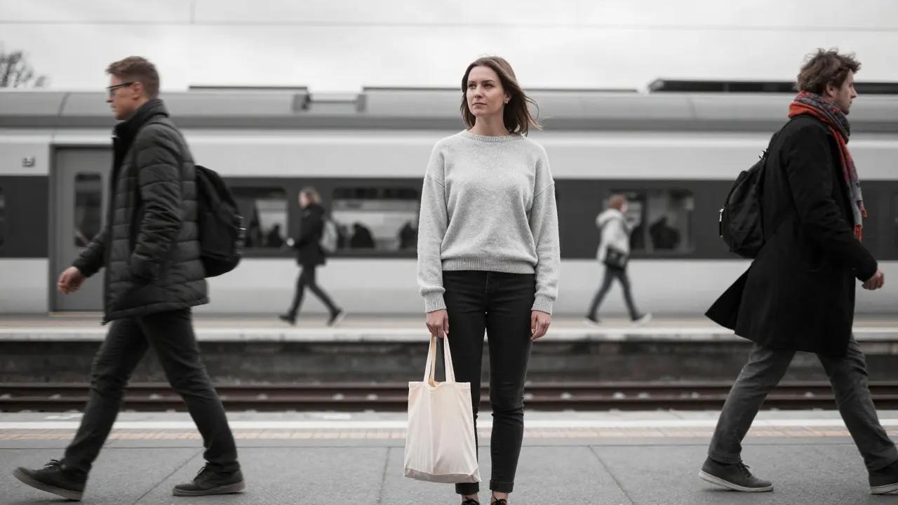 A woman standing still in a Copenhagen train station, holding a bag, radiating quiet self-assurance.