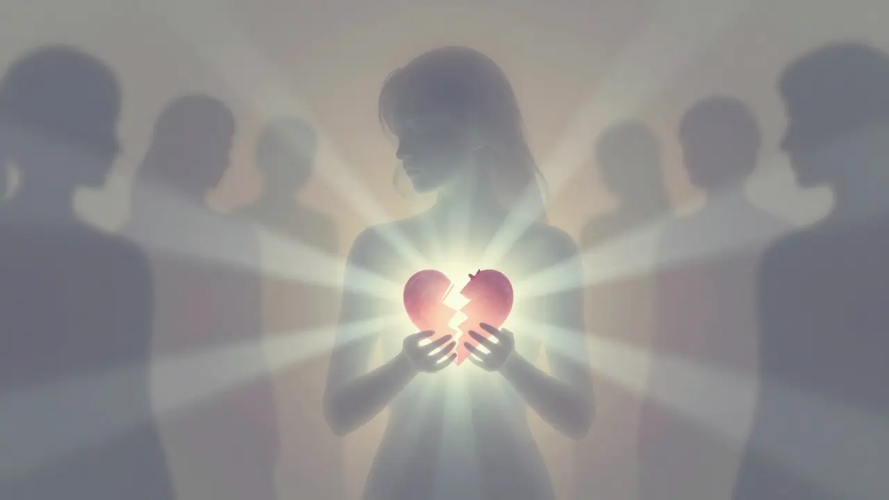 An abstract image of a woman holding a glowing heart, with light connecting to unseen figures, symbolizing emotional connection.