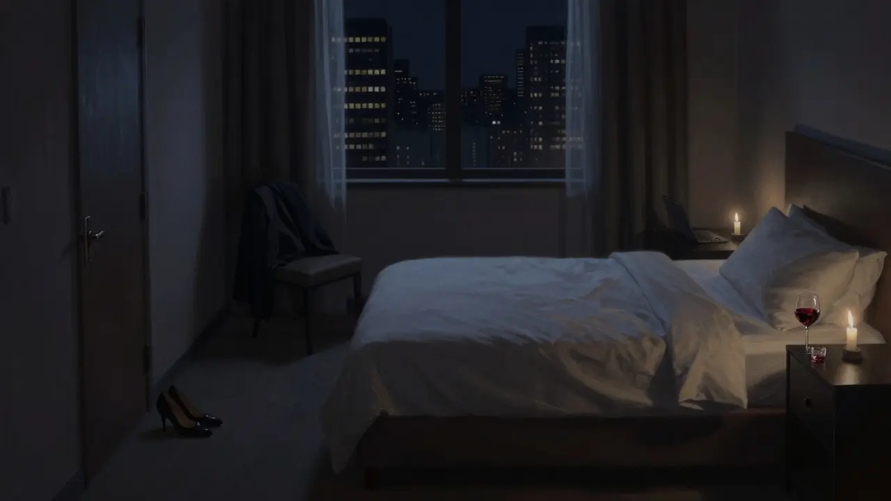 An empty hotel room at night with a lit candle, wine glass, and shoes by the door.