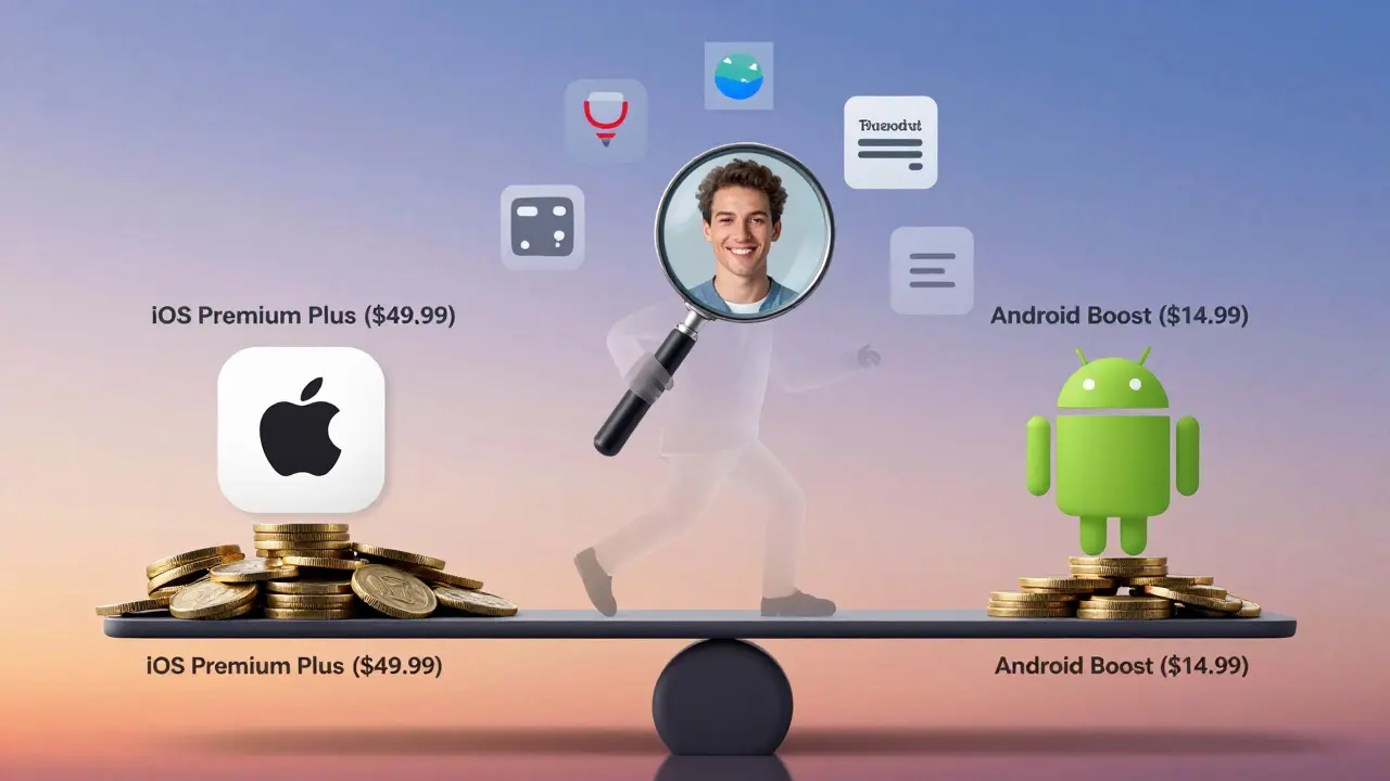 Balancing scale comparing iOS and Android Bumble prices with profile and feature icons.