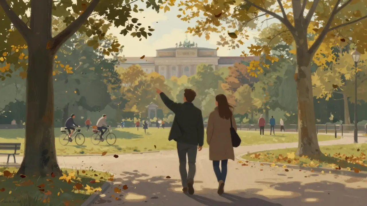 Couple walking through a golden autumn park in Berlin, leaves falling, distant figures blurred.
