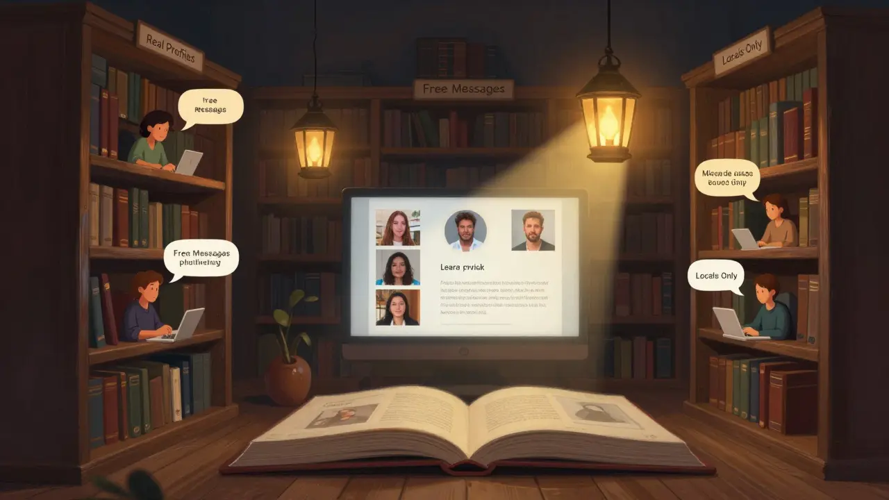 Digital library with free dating site features glowing on shelves, users chatting in text bubbles.