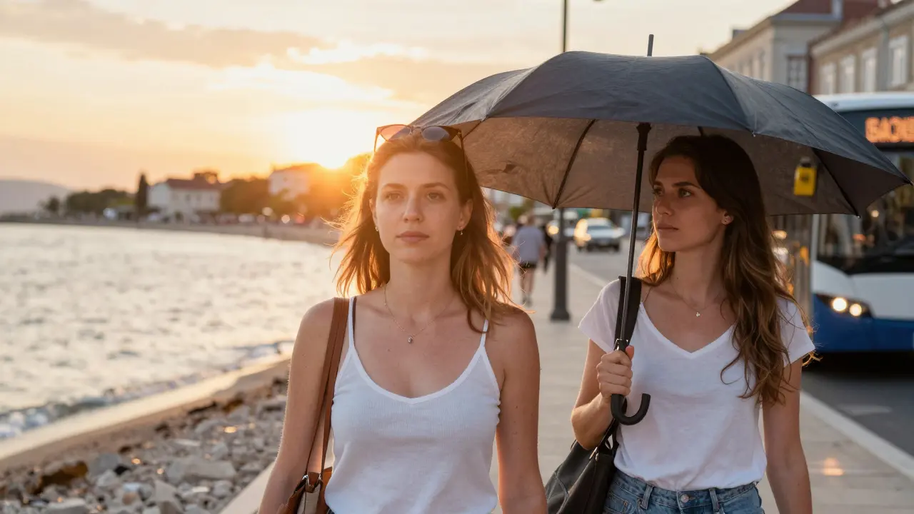 Double exposure of a filtered beach photo merging with a real woman waiting for a bus in the city.