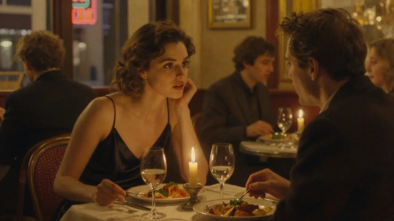Intimate dinner in a Paris bistro, candlelight illuminating a woman listening attentively.
