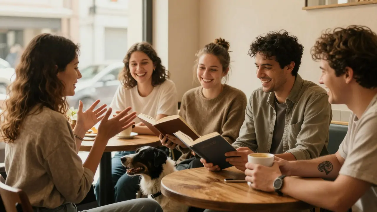 People laughing and connecting in a cozy café, phones set aside, sharing genuine moments.