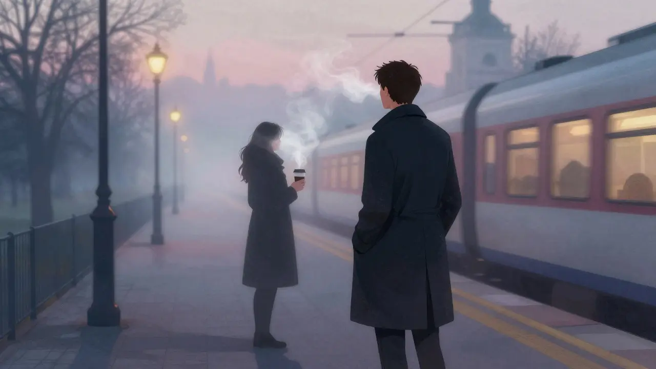 Silhouetted woman on a misty European train platform at dawn, dreamy and distant.