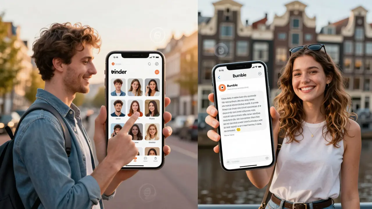 Split image: man swiping on Tinder in Lisbon, woman messaging on Bumble in Amsterdam, both in European urban settings.