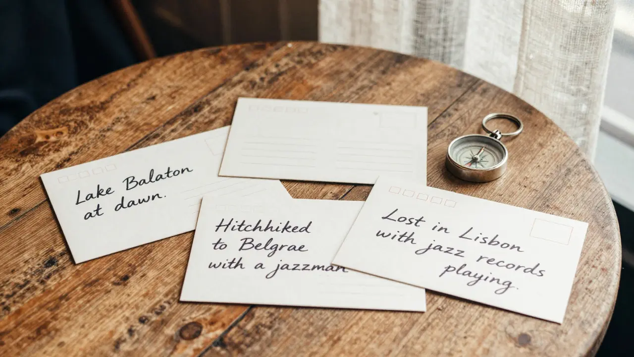 Three handwritten postcards and a compass lie on a wooden table, hinting at wild journeys and quiet connections.
