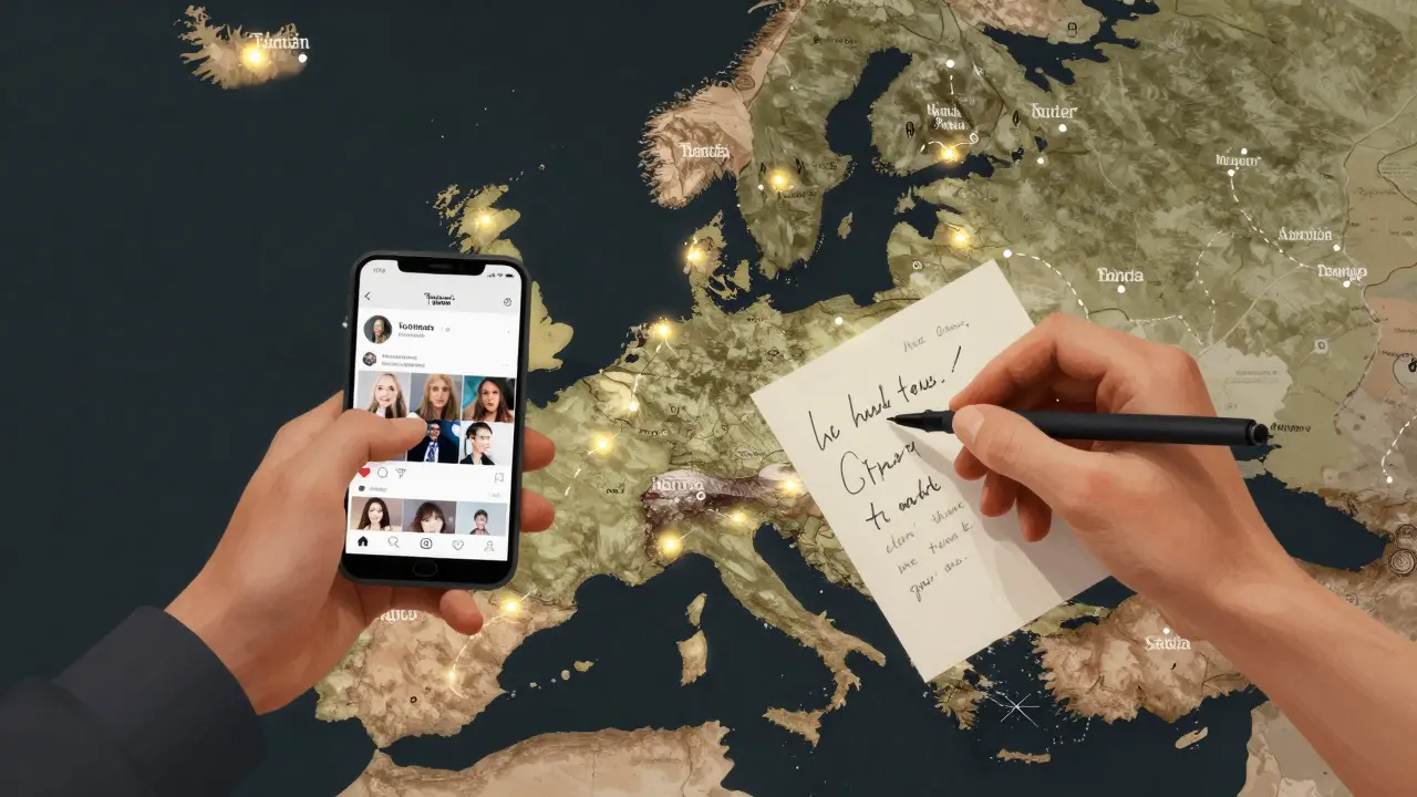 Two hands connecting across a glowing European map with Tantan profile visible on one phone.