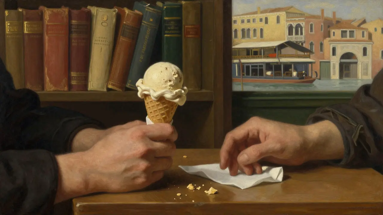Two hands near a gelato cone on a wooden table in a Venetian bookstore café, soft golden light.