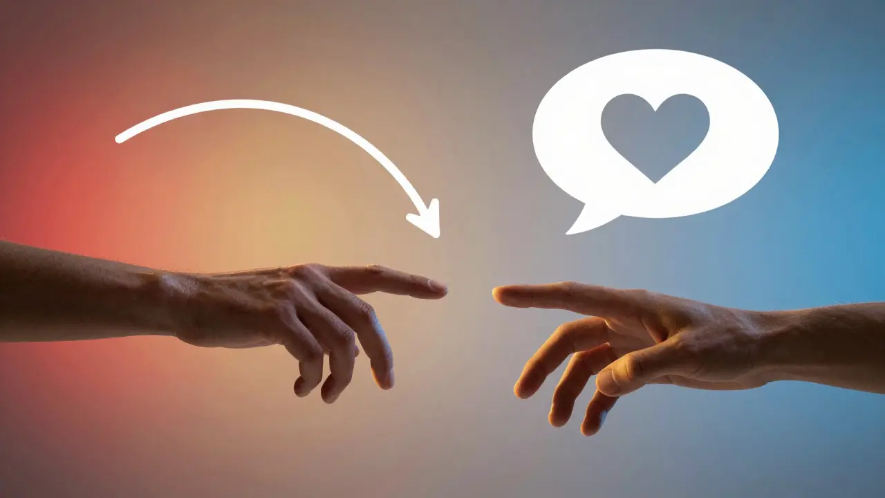 Two hands reach toward each other, one touching a curve, the other a heart and speech bubble, symbolizing deeper connection.