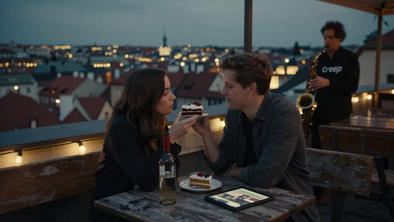 Two people share cake on a Prague rooftop at night, saxophone music playing as the city twinkles below.