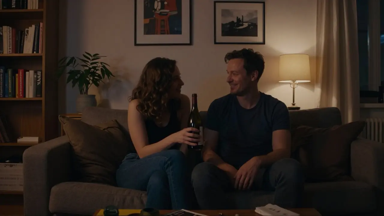 Two people sit together on a sofa in Berlin, sharing wine and quiet laughter in soft evening light.