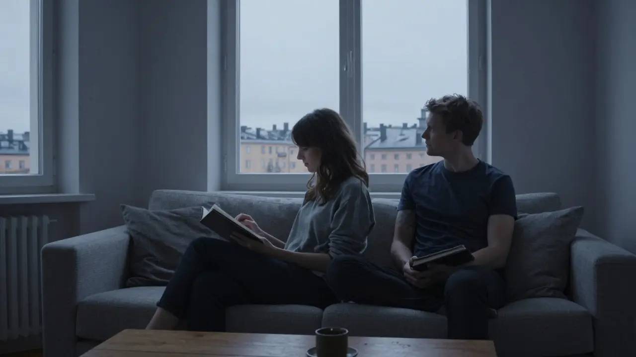 Two people sitting in comfortable silence in a minimalist Stockholm apartment at dusk.