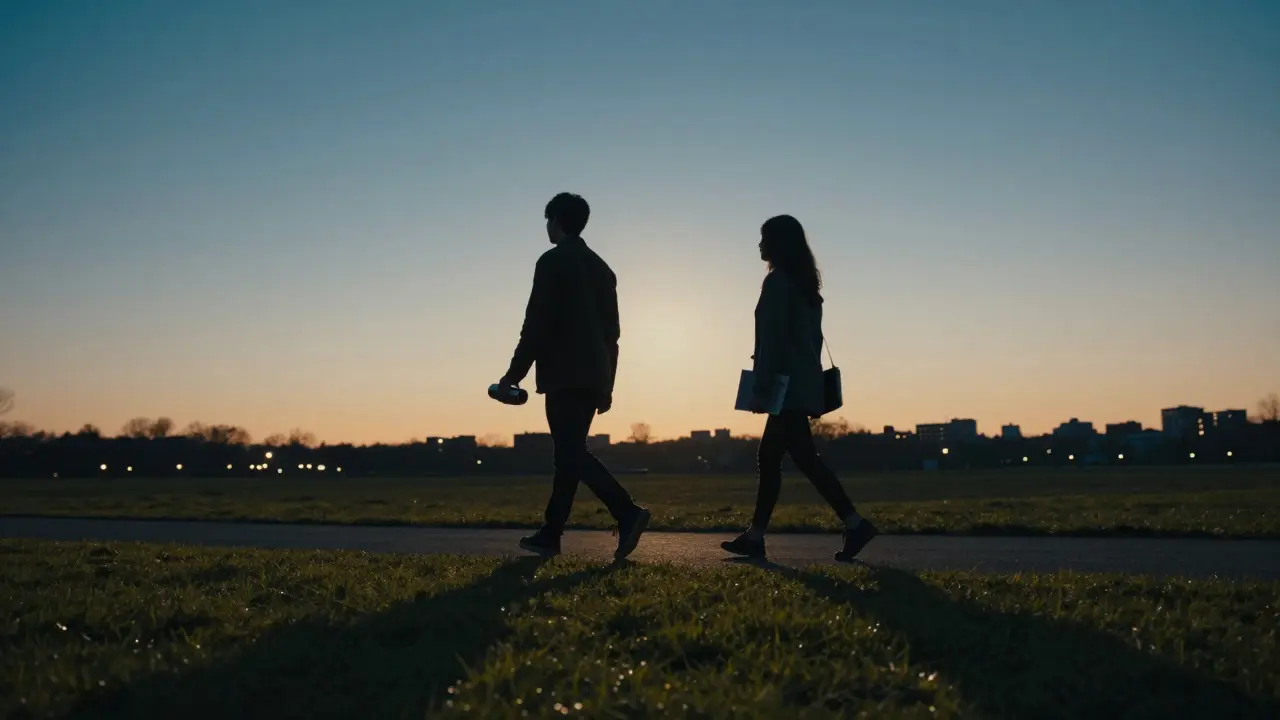 Two people walk side by side in a park at sunset, sharing a quiet moment.