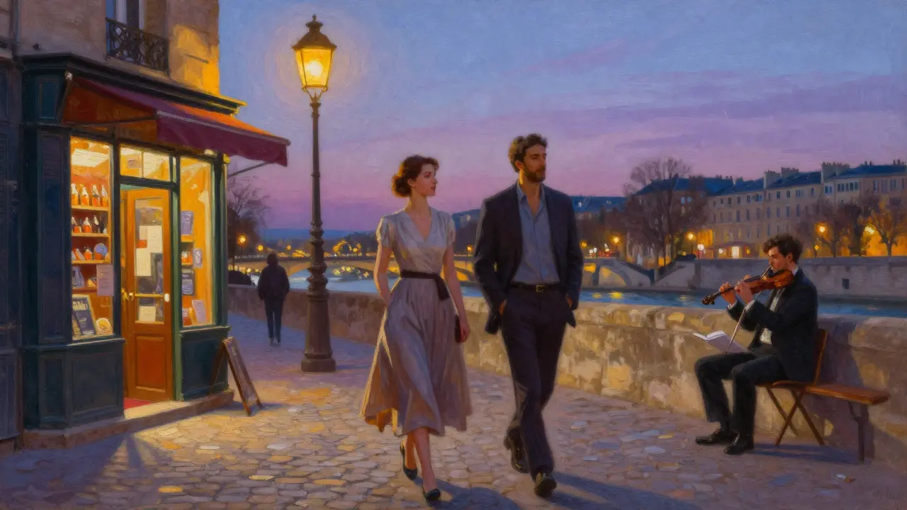 Two people walking peacefully along the Seine in Paris at dusk, city lights glowing softly.