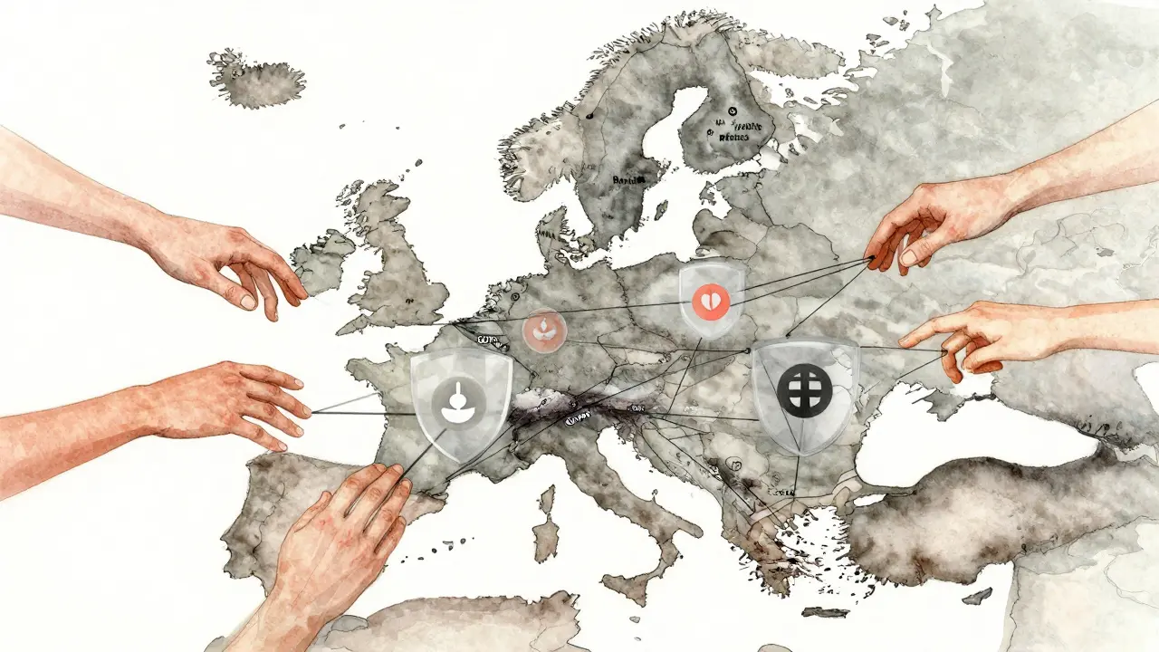 Watercolor map of Europe with hands connecting via dating app icons, protected by GDPR shields, symbolic of authentic connections.