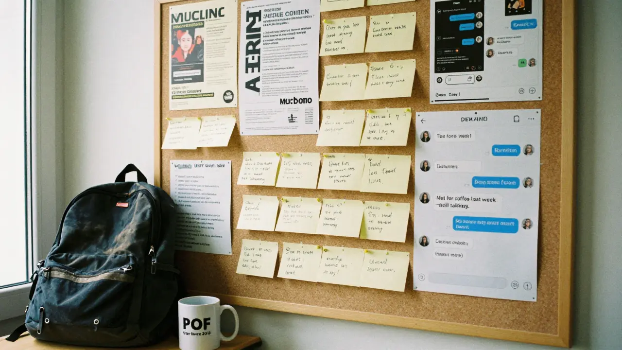 A bulletin board in Warsaw showing a printed POF chat and personal notes.