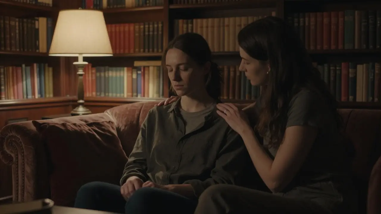 A comforting, non-romantic moment of presence in a Manchester library, with gentle hand placement and warm ambient lighting.