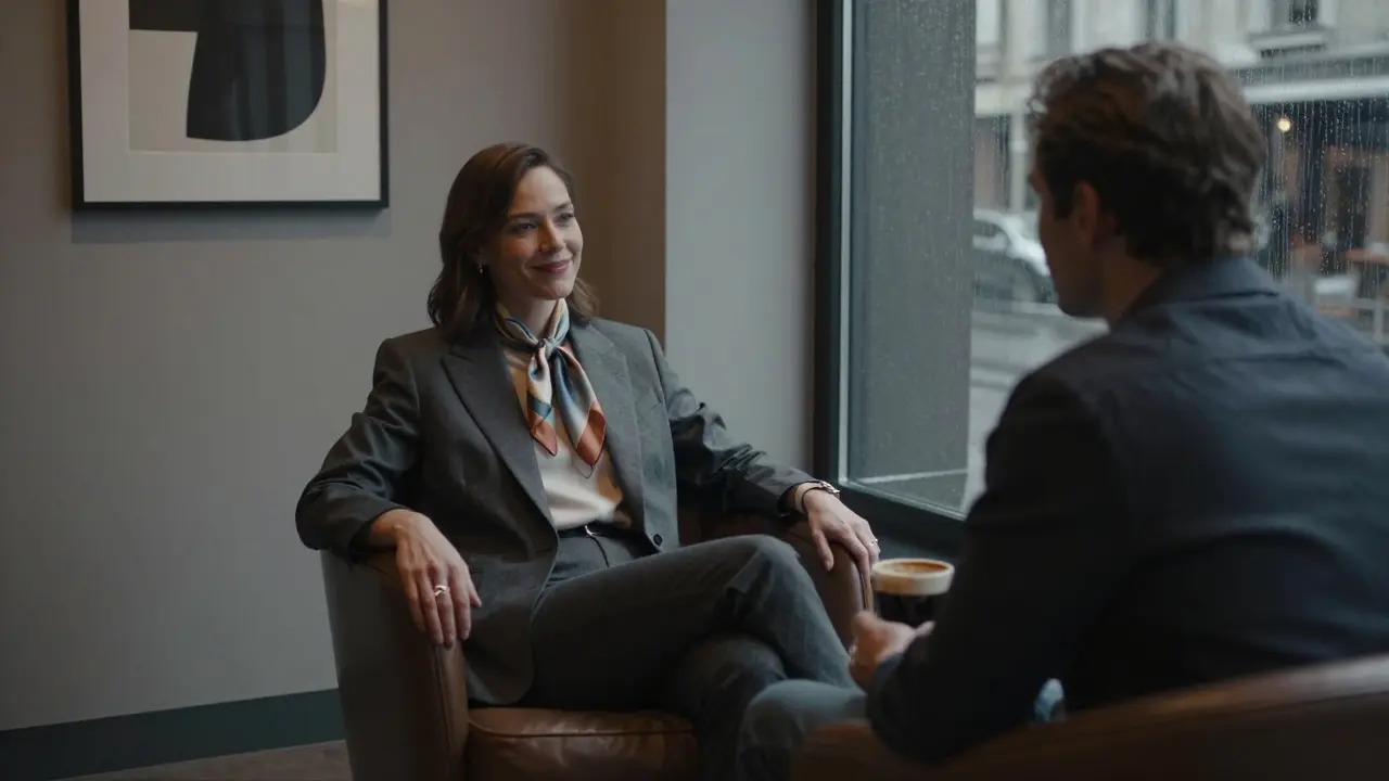 A confident woman in a boutique Berlin hotel lounge listening intently to a man over coffee, calm and respectful atmosphere.