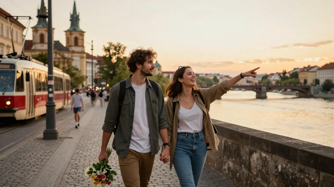 A couple walking hand-in-hand along a river in Prague at sunset, laughing together.