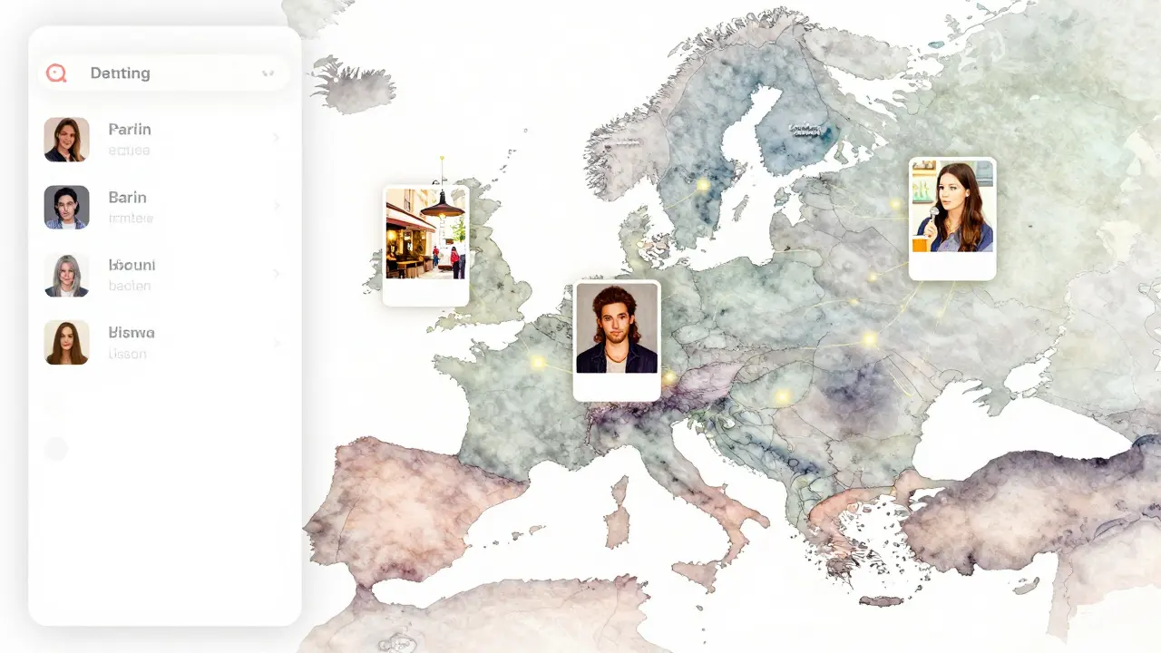 A digital dating interface with European profiles connected by golden threads across a map of Europe and the U.S.