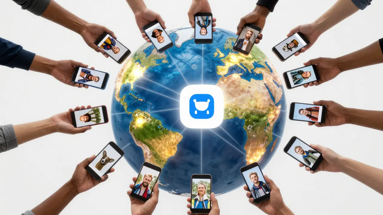 A globe with glowing regions linked to a Badoo app icon, representing global user connections.