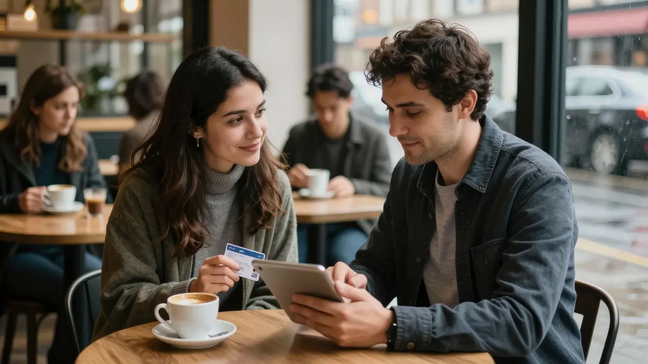 A man and woman meeting in a London café, verifying identity with ID and tablet.