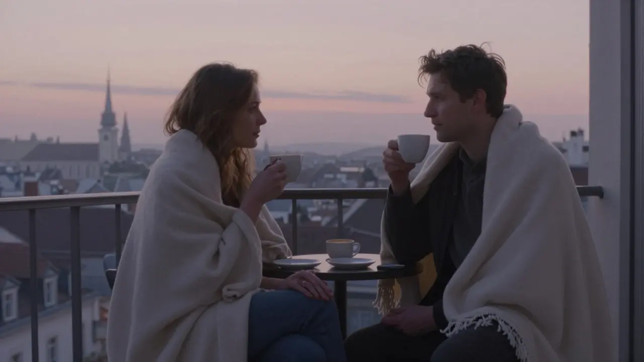 A man and woman sitting silently on a Vienna balcony at dawn, wrapped in a blanket, sharing peaceful quiet after an evening together.