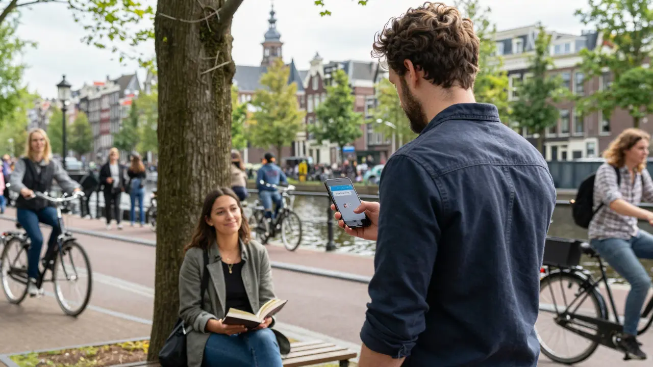 A man meeting a woman in a public park in Amsterdam, both holding books, natural light and urban backdrop.