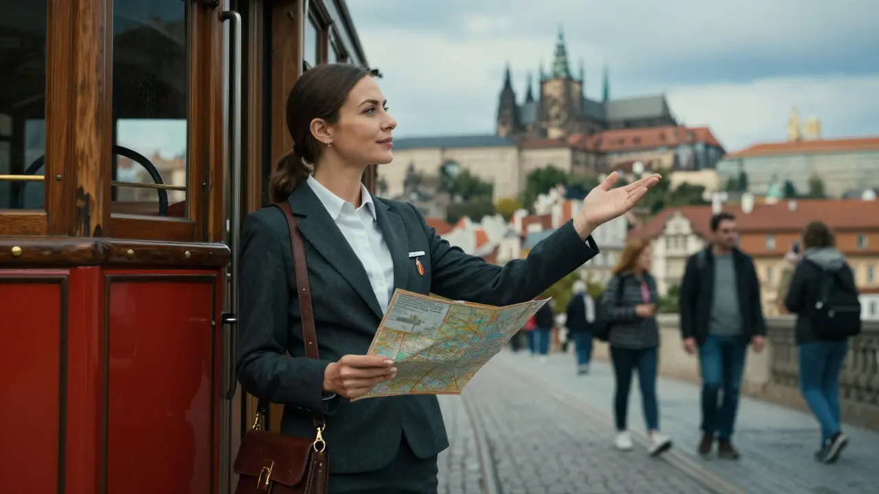 A professional female companion in Prague offering cultural guidance beside a vintage tram, confident and knowledgeable.