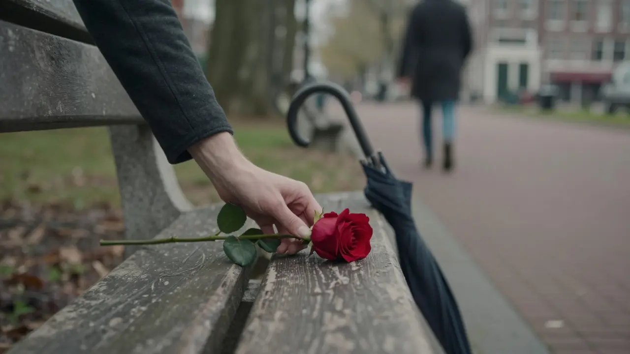 A rose left on a park bench with an umbrella, symbolizing quiet European intimacy.