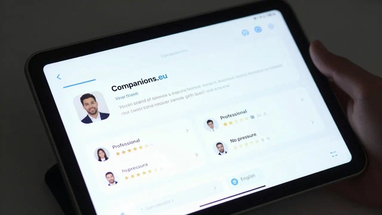 A secure online profile interface showing verified ID, clear service details, and positive client reviews.