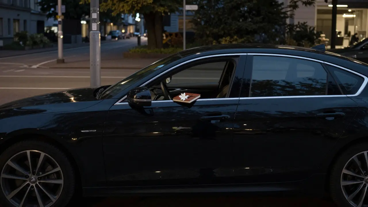 A sleek black sedan waits under a streetlamp, a journal and gardenia resting on the passenger seat.