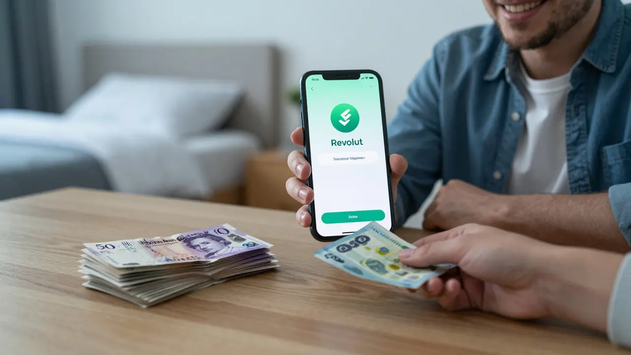 A smartphone showing a secure payment confirmation beside cash on a wooden table.