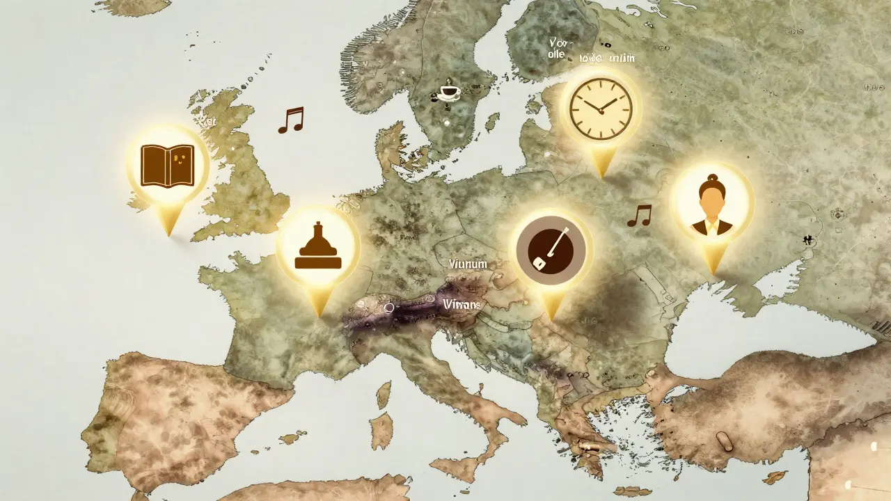 A stylized map of Europe showing glowing pins in major cities, each representing different types of companions.