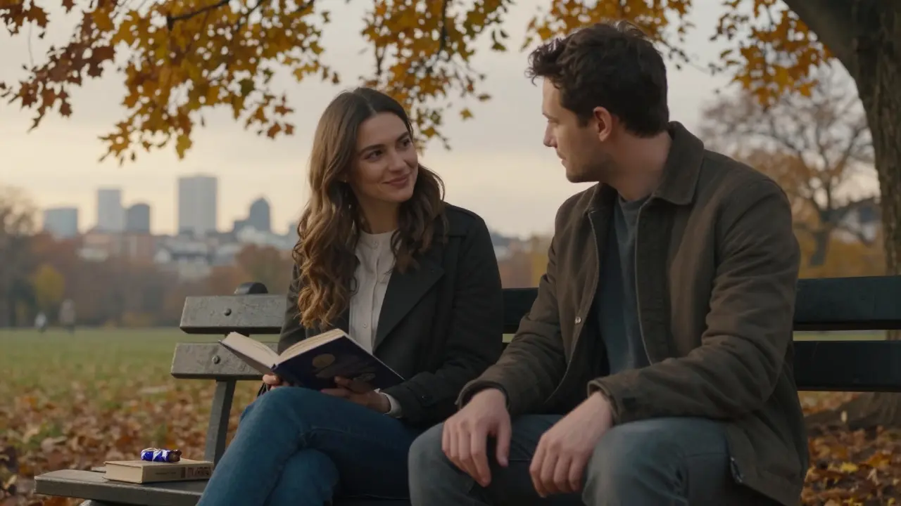 A woman and man sitting side by side on a park bench, sharing a quiet moment with books and a small treat.