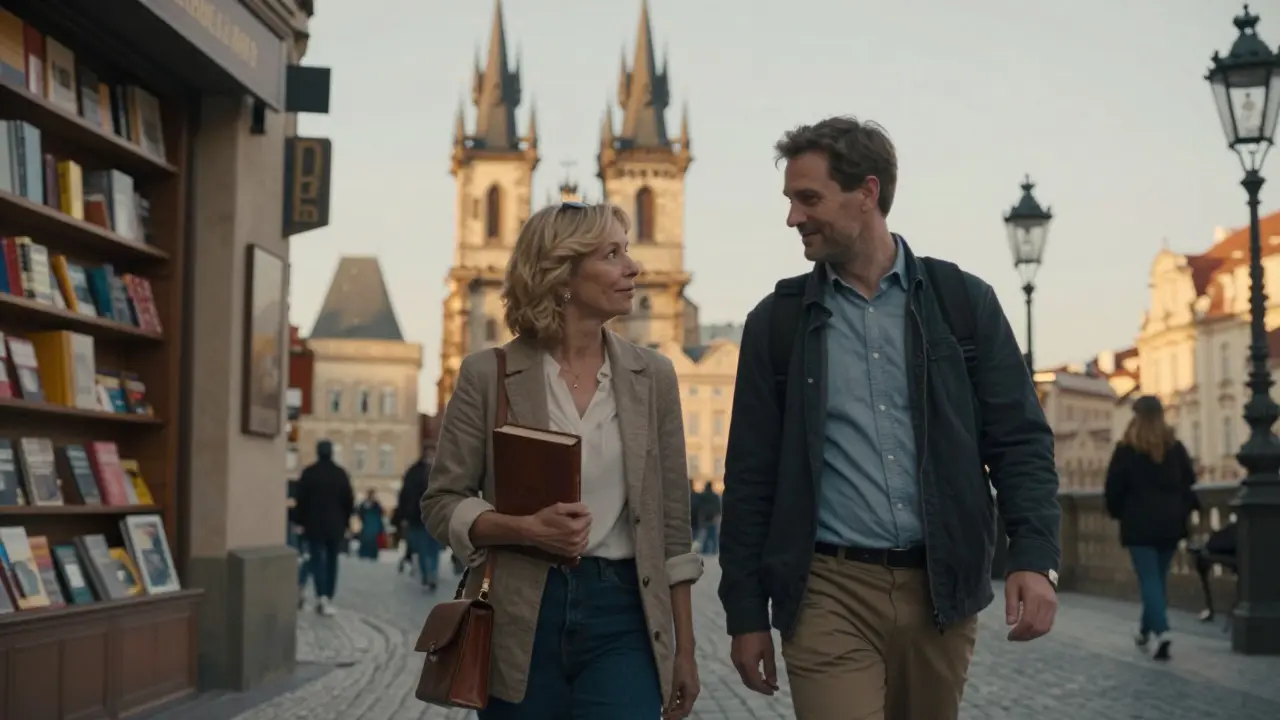 A woman and man walk side by side through Prague’s Old Town, engaged in quiet, authentic conversation.
