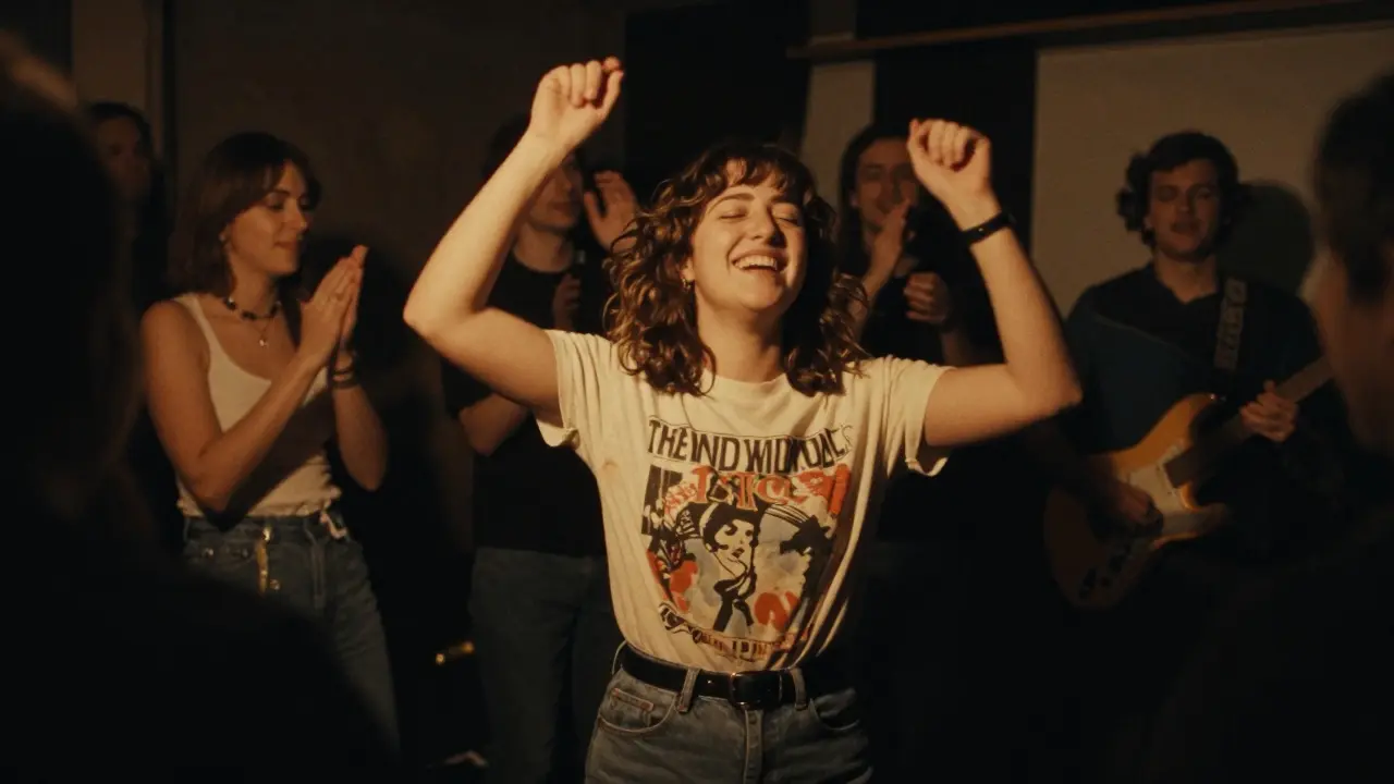 A woman dancing joyfully at a live indie gig in a dimly lit venue, no phones in sight.
