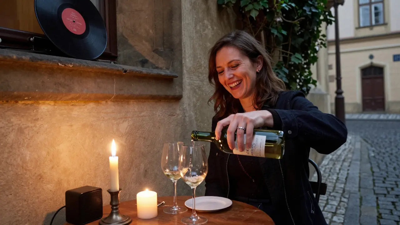 A woman laughing while pouring wine in a cozy Prague courtyard at night.