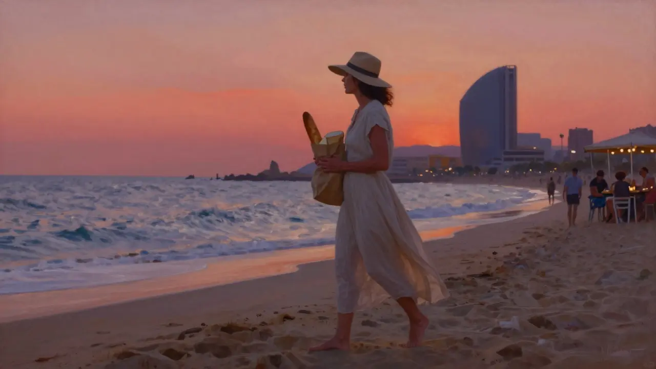 A woman walking barefoot on a Barcelona beach at sunset, holding market-bought food.